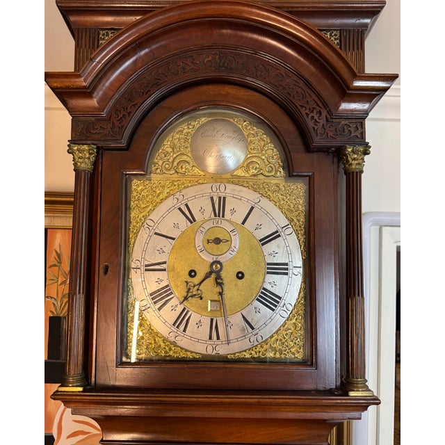 English Mid 18th Century George II Mahogany Grandfather Clock in Ornately Detailed Case For Sale - Image 3 of 12