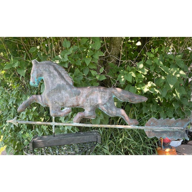 Early 20th Century Copper Horse Weathervane With Copper Ball and Milk Glass & Wood Stand For Sale - Image 13 of 14