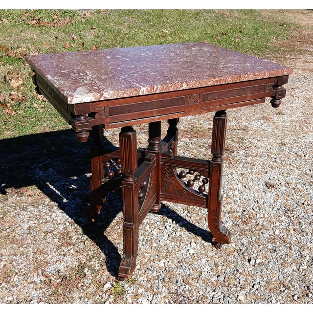 Victorian Antique Victorian Eastlake Walnut Parlor Table Chocolate Marble Stick and Ball 1880s For Sale - Image 3 of 17