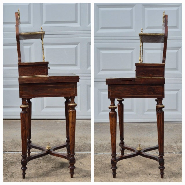 19th Century Antique French Regency Inlaid Rosewood Bronze Mounted Ladies Tiered Writing Desk (Bonheur Du Jour) For Sale - Image 12 of 16