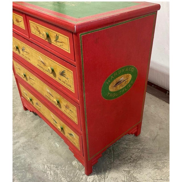 Vintage "Hardy & Co Trout Flies” Fishing Tackle Themed 5-Drawer Accent Chest For Sale - Image 9 of 11