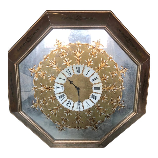 Mid 20th Century Eglomise Octagonal Wall Clock on Gold and Silver Ground For Sale