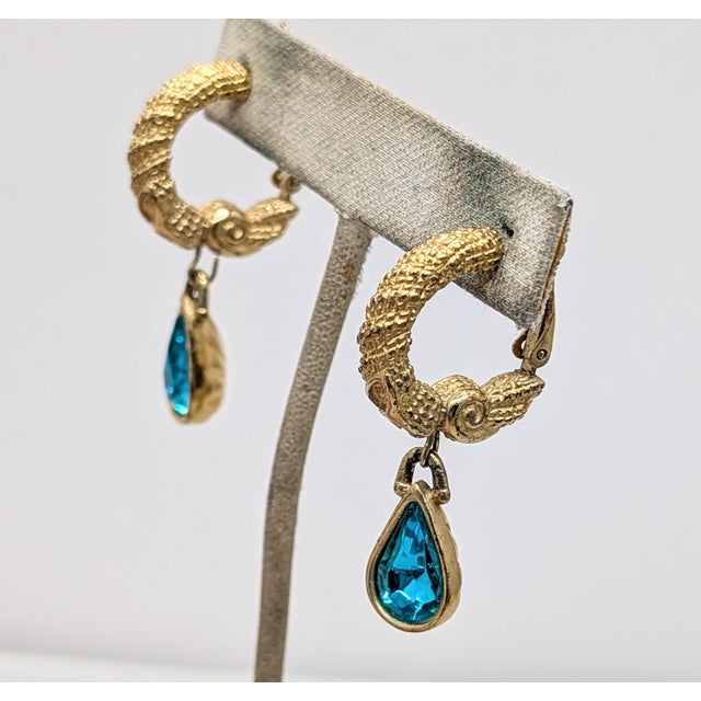 American Vintage 1990s Signed Trifari Goldtone Ram's Head Faux-Aquamarine Drop Clip Earrings-2 Pieces For Sale - Image 3 of 7