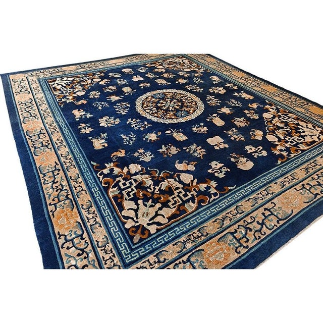 Antique Chinese Peking Floral Medallion Blue Late 19th Century 12' 1"x13' 5" Rug For Sale In New York - Image 6 of 6