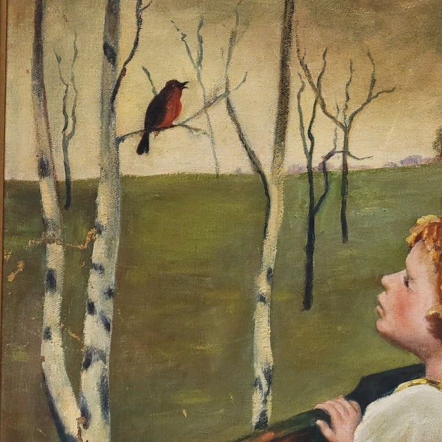 Figurative Mid-20th Century American Oil Painting of Child in Birch Landscape, Signed May Chaffee For Sale - Image 3 of 6