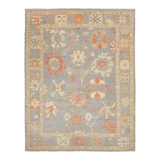 14x17 Hand-Knotted Modern Oushak Rug Premium Hand-Spun Wool Blue/Earth Tones For Sale