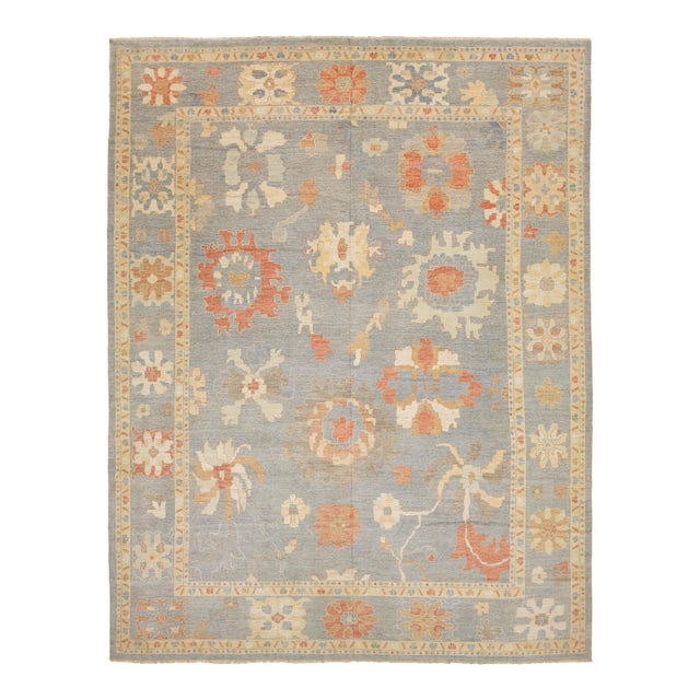 14x17 Hand-Knotted Modern Oushak Rug Premium Hand-Spun Wool Blue/Earth Tones For Sale