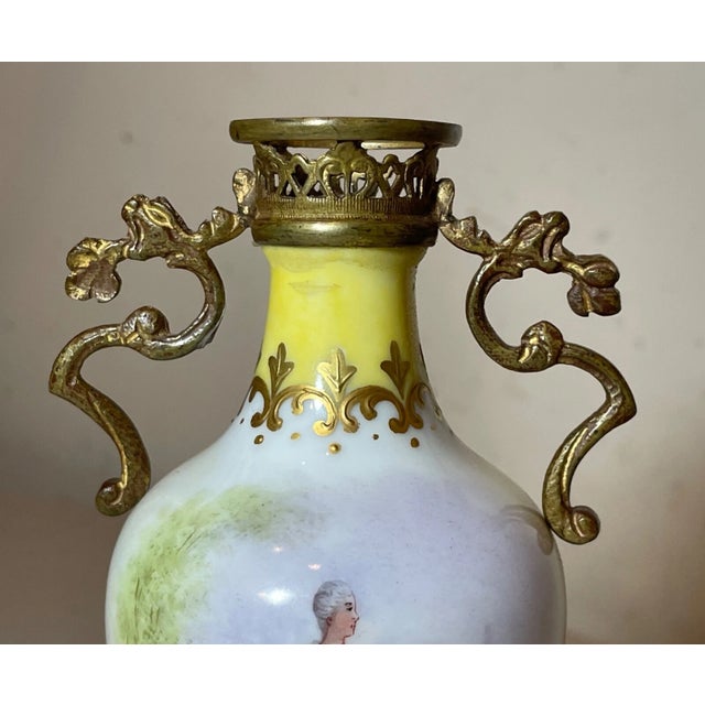 Antique Ornate Hand Painted Porcelain Gilt Bronze Miniature Sevres Vase Urn For Sale - Image 10 of 12