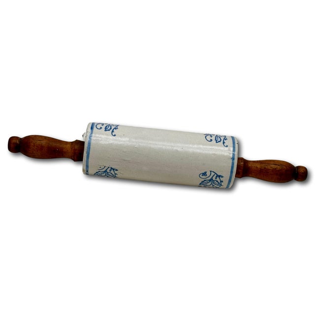 Unusual Antique American Wood Handle Stoneware Kitchen Rolling Pin With 4 Blue Wildflower Decorations For Sale - Image 14 of 16