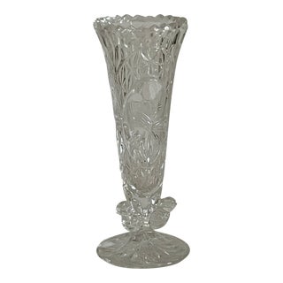 Vintage Hofbauer Germany 1940’s Byrdes Cut Lead Crystal Pedestal Vase Etched Bird and Birds on Base For Sale