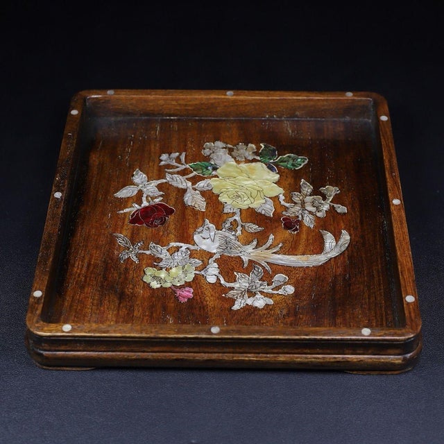 Traditional Square Wooden Tray With Mother-of-Pearl Bird and Rose Inlay For Sale - Image 3 of 10