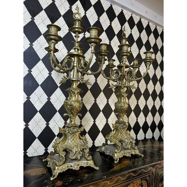1960s Pair of Grand Scale Brass Rococo Revival Six-Light Candelabra, 28"h For Sale - Image 5 of 15
