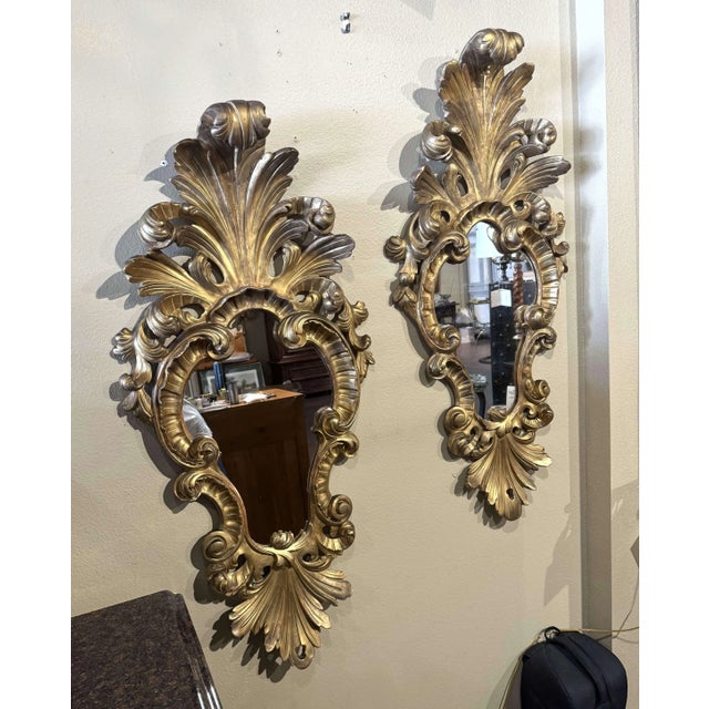 Wood Pair of 19th Century Italian Louis XV Carved Giltwood Wall Mirrors For Sale - Image 7 of 10