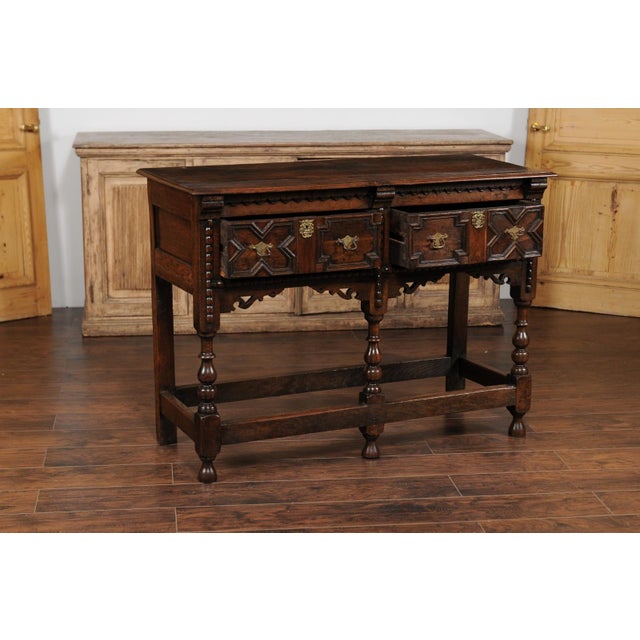Wood English 1870s Oak Dresser Base with Carved Geometric Front and Two Drawers For Sale - Image 7 of 12