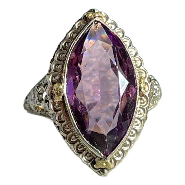 1920s Antique 18k Gold Filigree Marquise Amethyst Ring, Size 7 For Sale