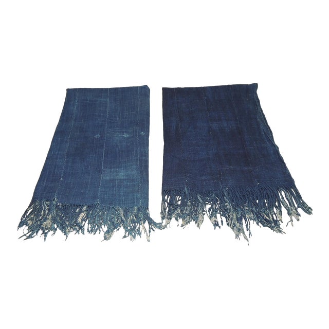 Vintage Indigo Blue African Mudcloth Textiles Fragments - Set of 2 For Sale