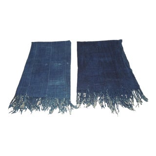 Vintage Indigo Blue African Woven Mud Cloth Textiles Fragments For Sale