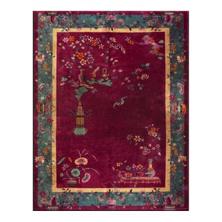 1920s Red Knotted Antique Chinese Art Deco Rug by Walter Nichols 8' 10"x 11' 6" For Sale