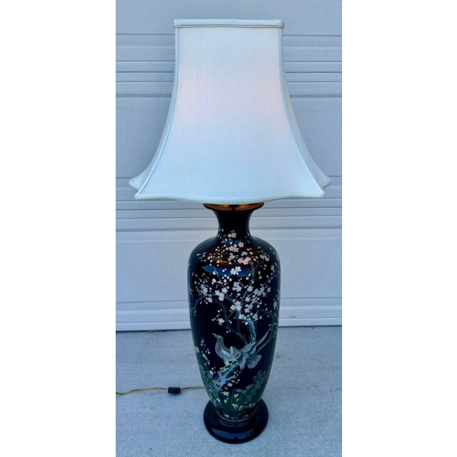 Late 19th Century Huge Meiji Japanese Cloisonné Black Ground Bird & Blossom Tall Table Lamp 40" For Sale - Image 14 of 18