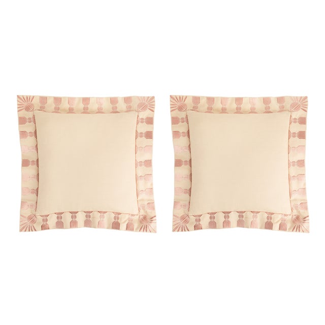 Tassel Embroidered Linen Pillow, Bisuqe and Petal Pink, 24 "x 24", Pair For Sale - Image 9 of 14