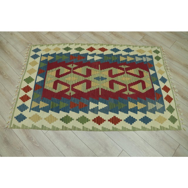 Traditional 1970s Boho Style Turkish Vintage Hand Knotted Geometric Design Oushak Kilim Rug For Sale - Image 3 of 10