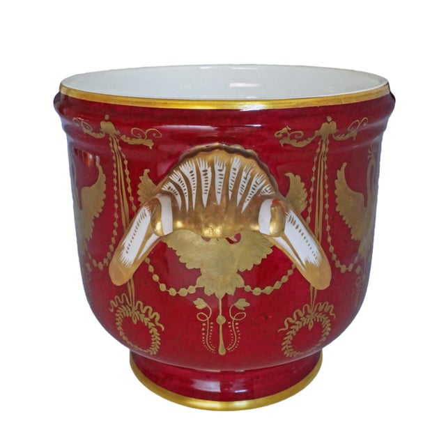 Neoclassical Le Tallec Private Stock Cachepot Burgundy Gold Swan Pattern Porcelain Planter Made in France Neoclassical Style For Sale - Image 3 of 4