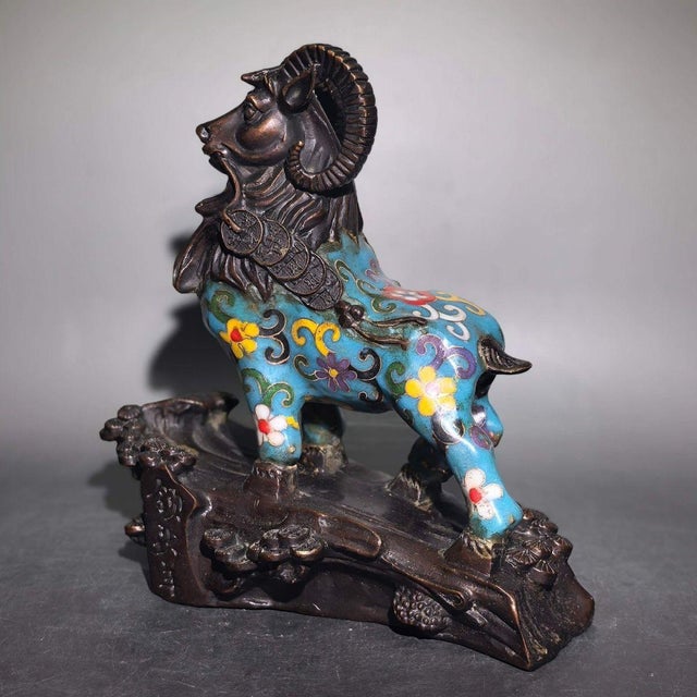 Cloisonné Enamel Ram Statue With Coin Collar For Sale In Los Angeles - Image 6 of 9