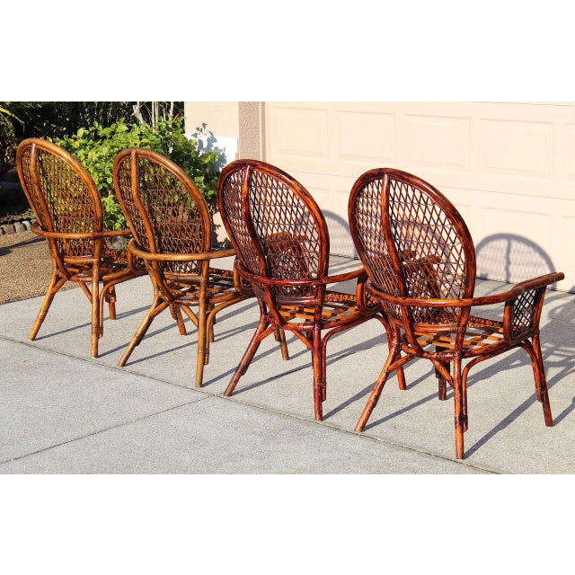 1970s Vintage Rattan Peacock Chairs – Set of 4 Bamboo Dining Armchairs Attributed to Ficks Reed For Sale - Image 10 of 18
