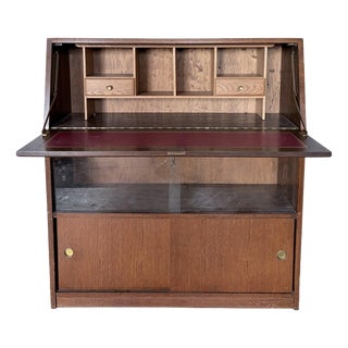 Mid-Century Oak Bureau Cabinet with Sliding Doors, 1960s For Sale