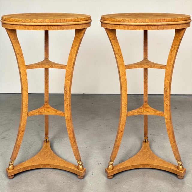 Neo-Classical Style Burl & Gilt Pedestals / Tables by Baker Furniture- Pair For Sale - Image 10 of 13