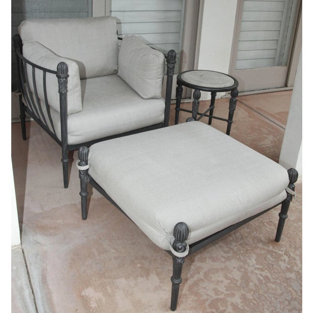 Michael Taylor Montecito style bronzed lounge chair with matching ottoman. Circa 1985. Gorgeous matching bronzed loveseat...