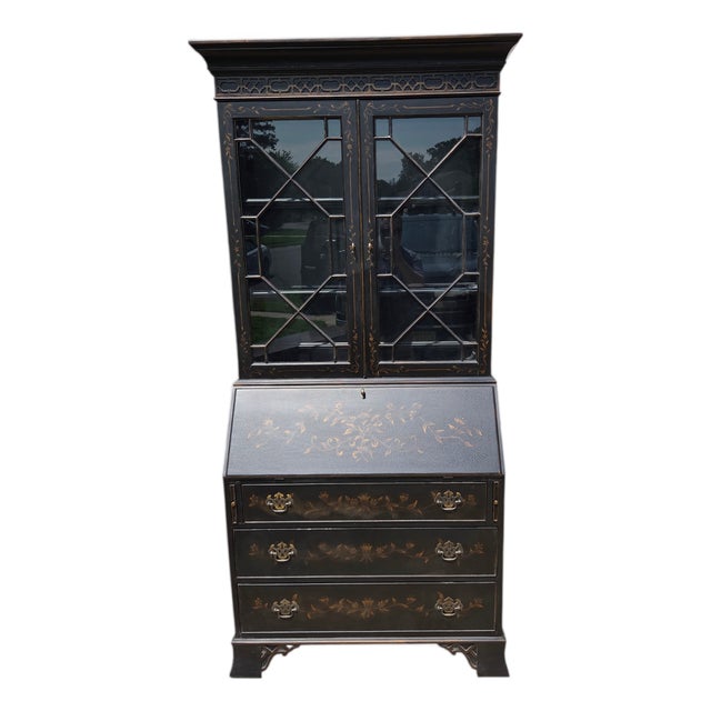 1990s Ethan Allen Newport Liliana Secretary Writing Desk Hutch Display Chinoiserie For Sale
