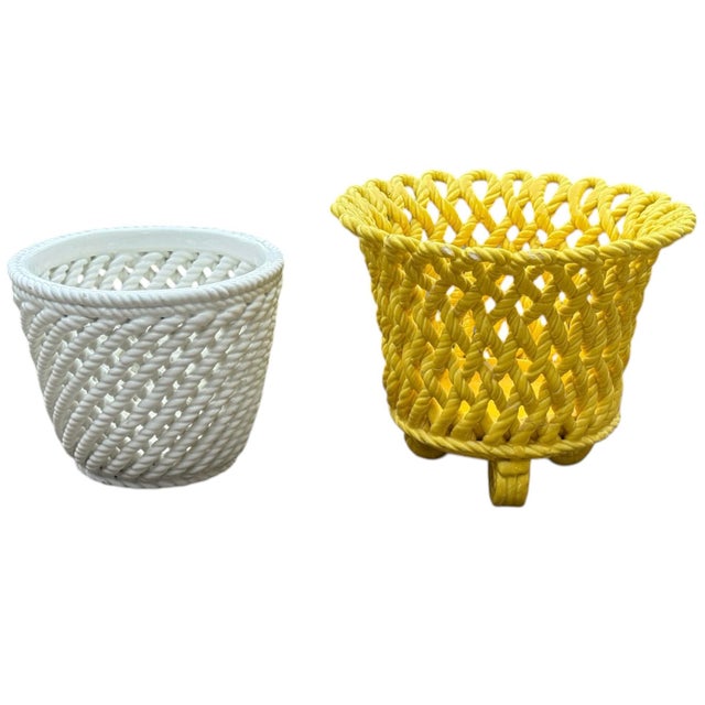 Vintage Ceramic Woven Cachepots Yellow & White For Sale - Image 4 of 7