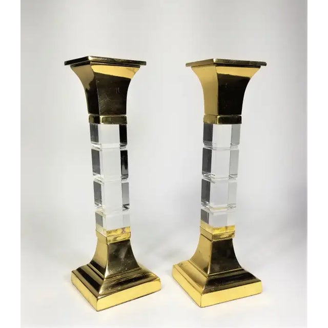 Pair of 1970s Mid Century Large Lucite and Lacquered brass candlesticks / Candle Holders. Heavy substantial weight.