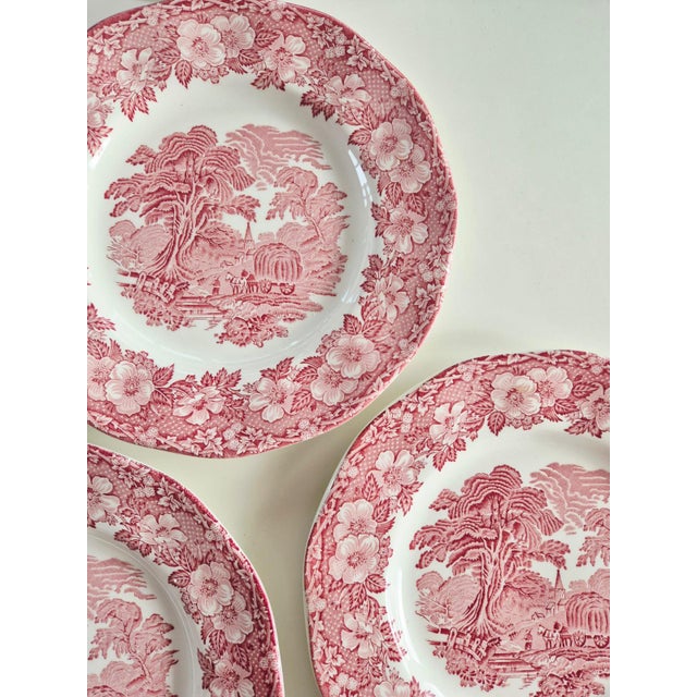 Vintage English Pink Transferware Dinner Plates by Enoch Wedgwood, 1970s, Set of 6 For Sale - Image 6 of 8