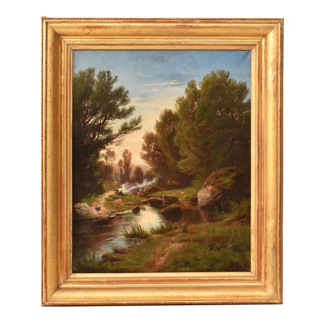Leberecht Lortet, Mountain Landscape with Washerwomen and River, 1800s, Oil on Canvas For Sale - Image 10 of 10