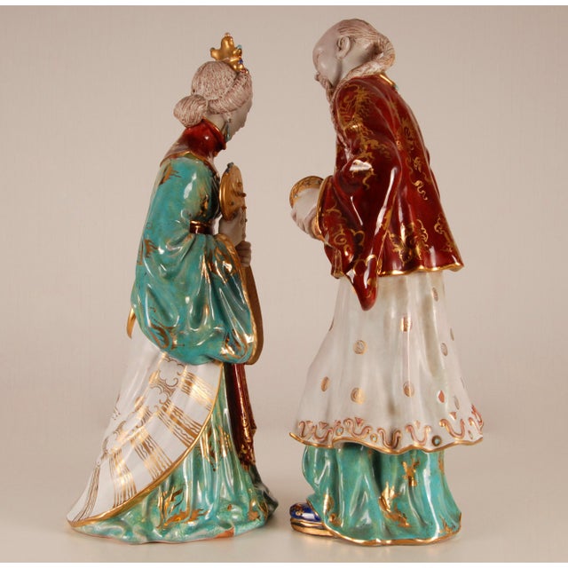 Mid-Century Modern Vintage Italian Ceramic Sculptures Chinoiserie Glazed Terracotta Figures - A Pair For Sale - Image 3 of 15
