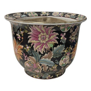Vintage Chinese Black Base Mixed Color Large Chrysanthemum Planter Pot For Sale