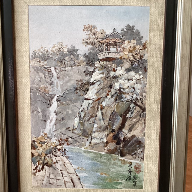 Mid 20th Century Asian Style Art Peace Painting With Mosaic Mother Pearls, Signed Framed For Sale - Image 12 of 12