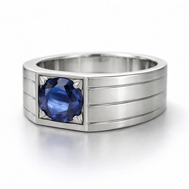 SIlver, Gold Round Sapphire Ring For Men's. Mens Solitaire Sapphire Ring. Round Cut Sapphire Ring. Metal: 925 silver plus...