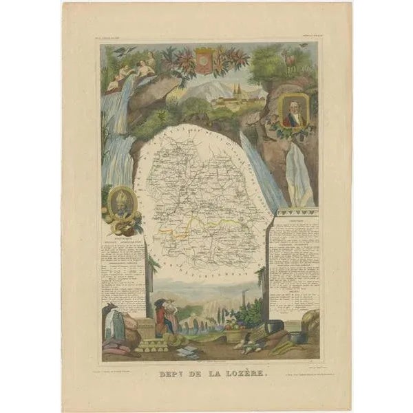 Antique map titled 'Dept. de la Lozère'. Map of the French department of Lozere, France. This remote mountainous part of...
