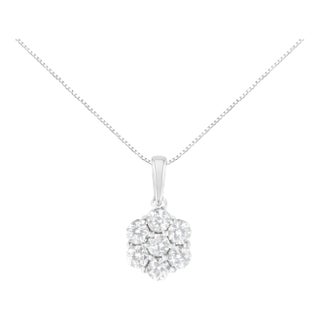 14K White Gold 2.00 Cttw Brilliant Round-Cut Diamond 7 Stone Flower Cluster 18" Pendant Necklace For Sale