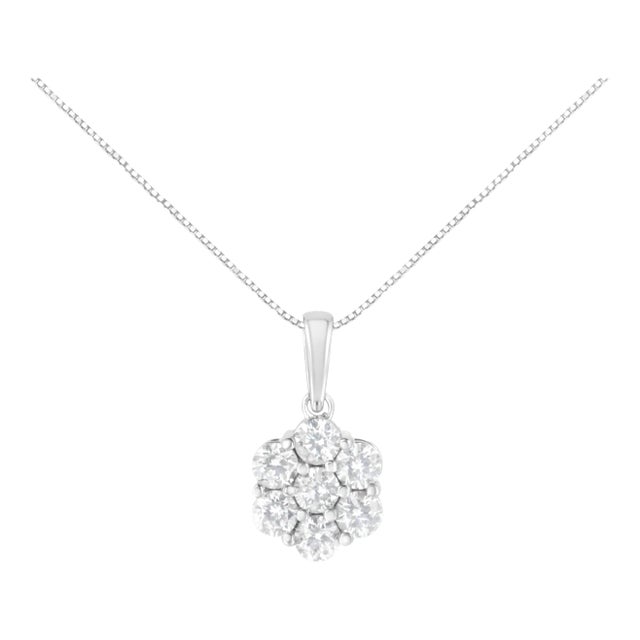 14K White Gold 2.00 Cttw Brilliant Round-Cut Diamond 7 Stone Flower Cluster 18" Pendant Necklace For Sale