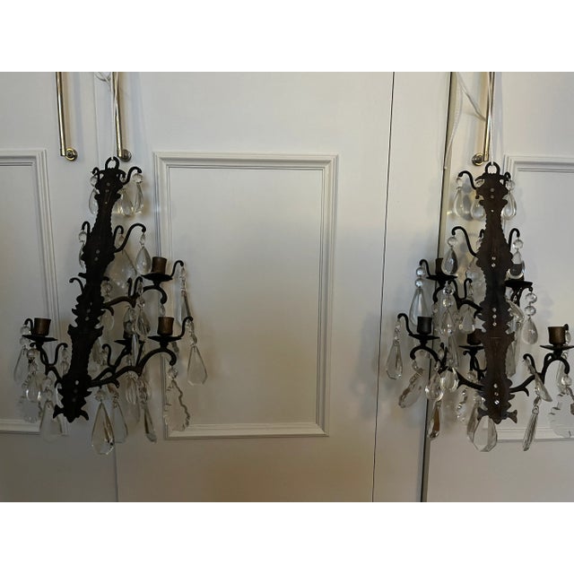 Pair 1920's Crystal Candle Sconces For Sale - Image 9 of 11