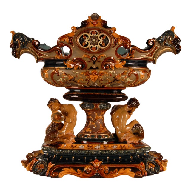 Antique Centerpiece Ceramic Renaissance Revival Majolica Vase For Sale