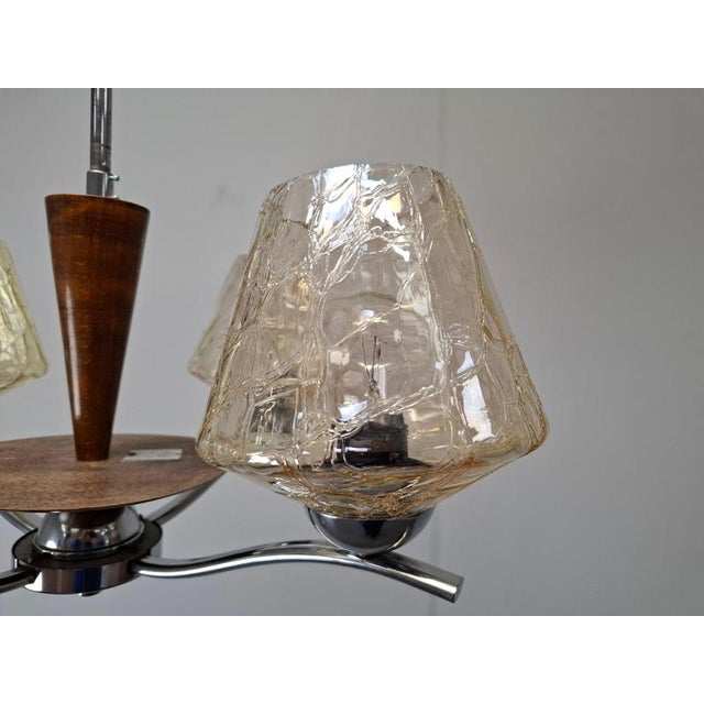 Mid-Century Modern Czech Glass, Wood and Chrome 4-Armed Chandelier from Napako, 1960s For Sale - Image 13 of 18