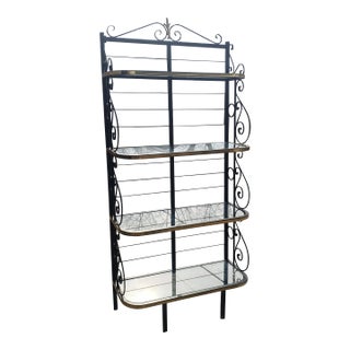 1960s Vintage Black Wrought Iron Bakers Rack With Gold Trim Accents and Glass Shelves For Sale