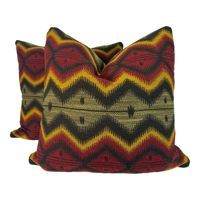 Mind the Gap "Pyramidenspitzer Fabric" in Green/Red/Yellow 22" Pillows-a Pair For Sale