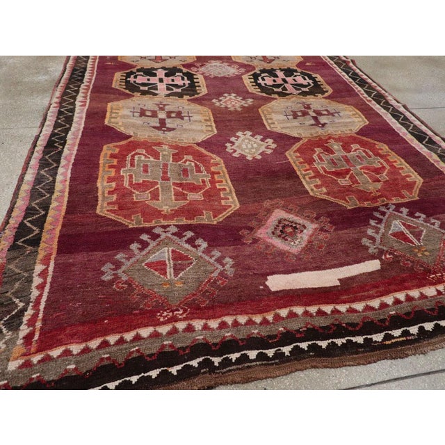 Burgundy Tribal Mid-20th Century Handmade Turkish Anatolian Small Room Size Carpet For Sale - Image 8 of 10