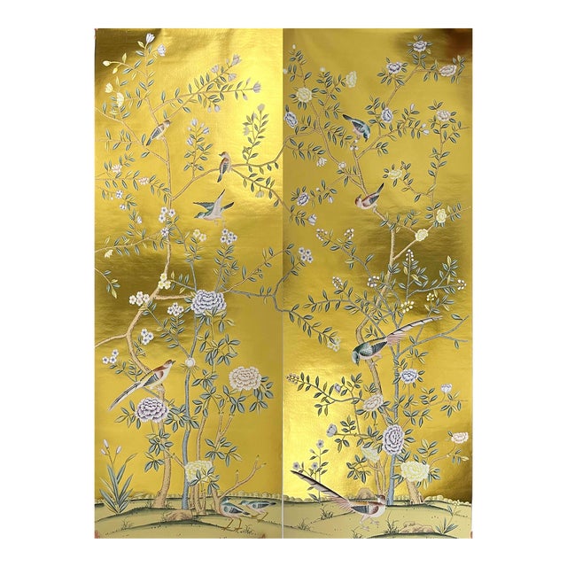 Chinoiserie Wallpaper Hand Painted Artworks Panel - 2 Panels For Sale